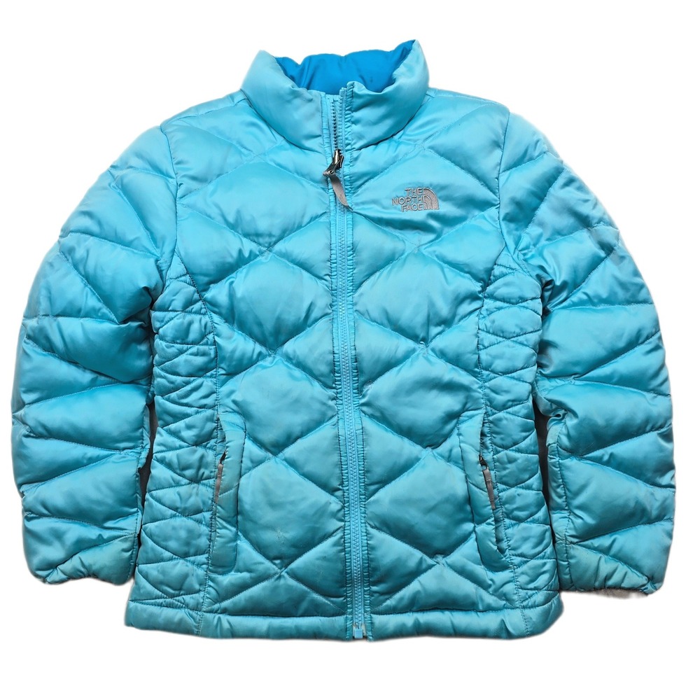 The North Face Down Puffer‎ Jacket Girls Medium 10 12 Bright Aqua Blue 550 Fill